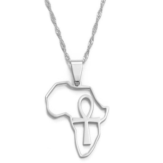 Gold/Silver-Plated Africa Map & Ankh Pendant Necklace-Necklaces-Innovato Design-Silver-16inch-Innovato Design
