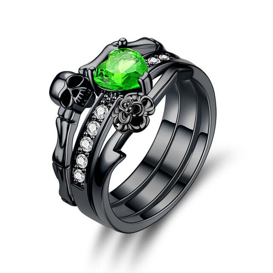 Skull, Flower and Crystal Zirconia Heart Punk Engagement Ring-Rings-Innovato Design-10-Green-Innovato Design