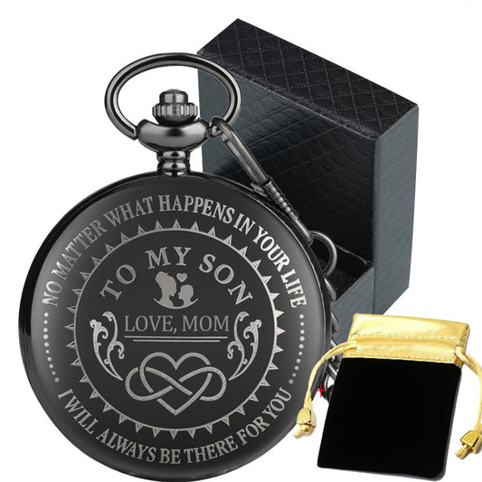 "To My Son Love Mom" Black Antique White Dial Roman Numerals Chain Link Quartz Pocket Watch-Pocket Watch-Innovato Design-Alfa-Innovato Design