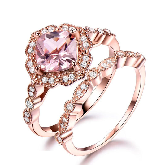 Morganite and Cubic Zirconia 925 Sterling Silver Vintage Wedding Ring-Rings-Innovato Design-4-Innovato Design