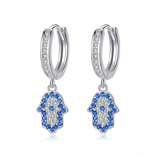 Lucky Blue Eye Hamsa Hand Cubic Zirconia 925 Sterling Silver Turkish Drop Earrings-Necklaces-Innovato Design-Silver-Innovato Design