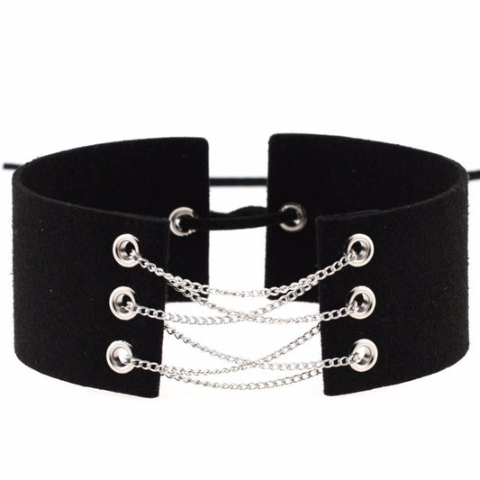 Velvet Leather Choker Necklace with Silver Chain Link and Lace-Up Closure-Necklace-Innovato Design-Black-Innovato Design