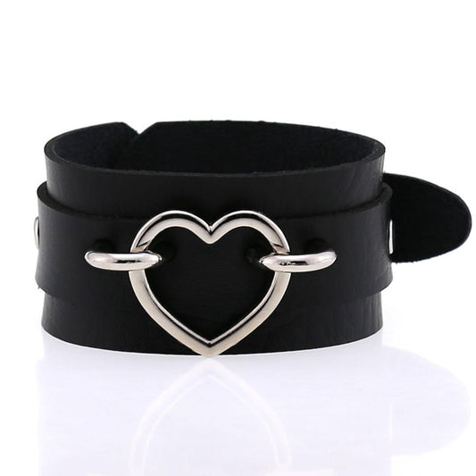 Silver Color Heart Wide Cuff Bangle Leather Gothic Punk Bracelet-Bracelet-Innovato Design-Brown-Innovato Design