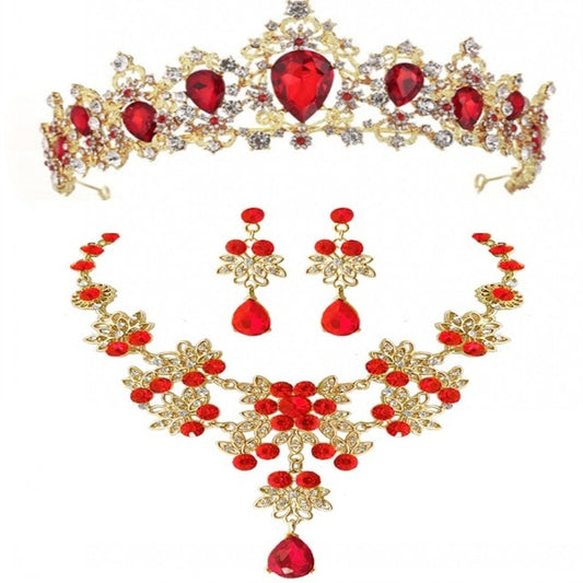 Baroque Vintage Gold and Crystal Tiara, Necklace & Earrings Wedding Jewelry Set-Jewelry Sets-Innovato Design-Red-Innovato Design