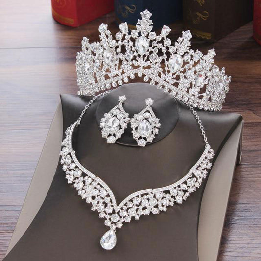Baroque Crystal and Rhinestone Tiara, Necklace & Earrings Wedding Jewelry Set-Jewelry Sets-Innovato Design-Innovato Design