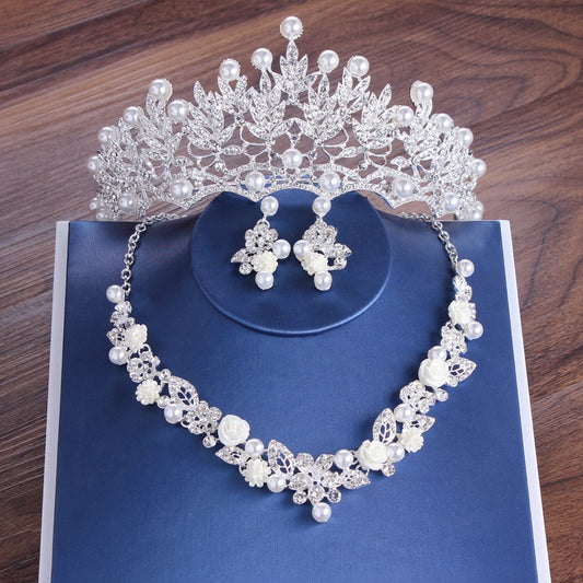 Crystal, Pearl, Flower and Rhinestone Tiara, Necklace & Earrings Wedding Jewelry Set-Jewelry Sets-Innovato Design-Innovato Design