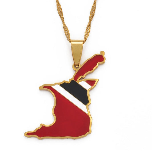 Gold/Silver-Plated Trinidad and Tobago Map Flag Pendant Necklace-Necklaces-Innovato Design-Gold-17.72in-Innovato Design