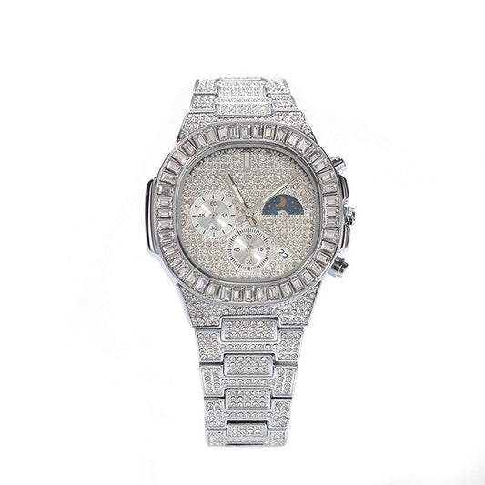 Waterproof Cubic-Zirconia-Studded with Date Display Stainless Steel Band Fashion Hip-hop Quartz Watch-Watches-Innovato Design-Silver-Innovato Design