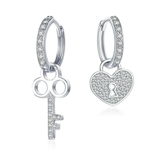 Cubic Zirconia Heart Shape Lock and Key 925 Sterling Silver Classic Wedding Drop Earrings-Earrings-Innovato Design-Innovato Design