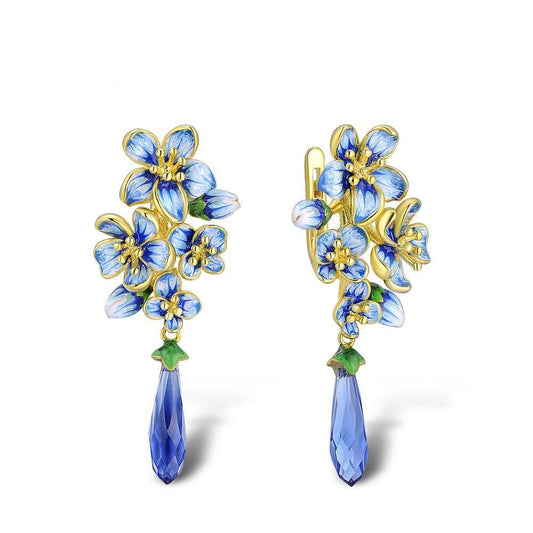 Handmade Enamel Flower and Cubic Zirconia 925 Sterling Silver Drop Earrings-Earrings-Innovato Design-Innovato Design