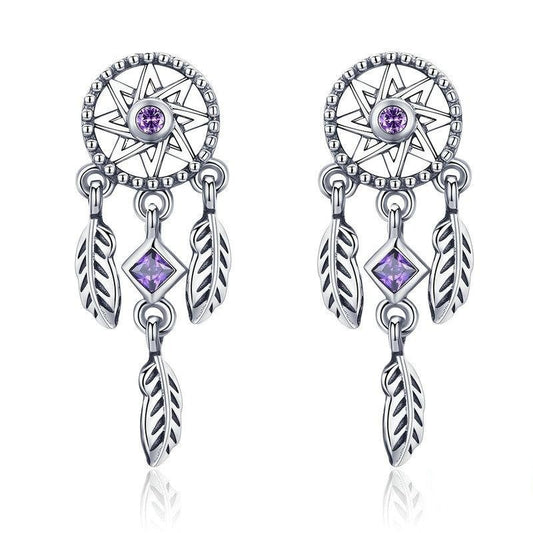 Dream Catcher Purple Cubic Zirconia 925 Sterling Silver Vintage Drop Earrings-Earrings-Innovato Design-Innovato Design