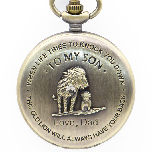 "To My Son Love Dad" Bronze Lion Quartz Necklace Chain Pendant Pocket Watch-Pocket Watch-Innovato Design-Innovato Design