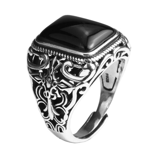 Natural Square Black Onyx Stone and Hollow Cross 925 Sterling Silver Vintage Punk Ring-Rings-Innovato Design-Innovato Design