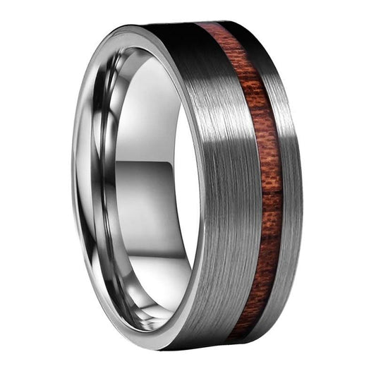 8mm Real Wood Inlay Flat Band and Silver Brushed Finish Tungsten Wedding Ring-Rings-Innovato Design-11.5-Innovato Design