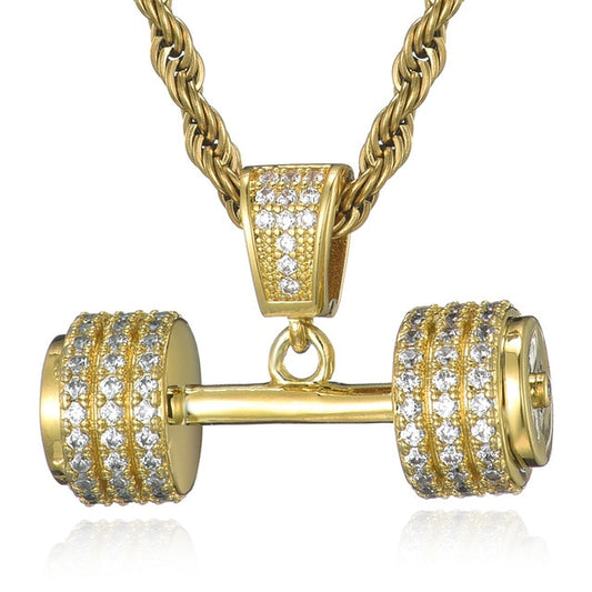 Gemstone-Studded Dumbbell Hip-hop Pendant Necklace-Necklaces-Innovato Design-Gold-4mm Rope-20in-Innovato Design