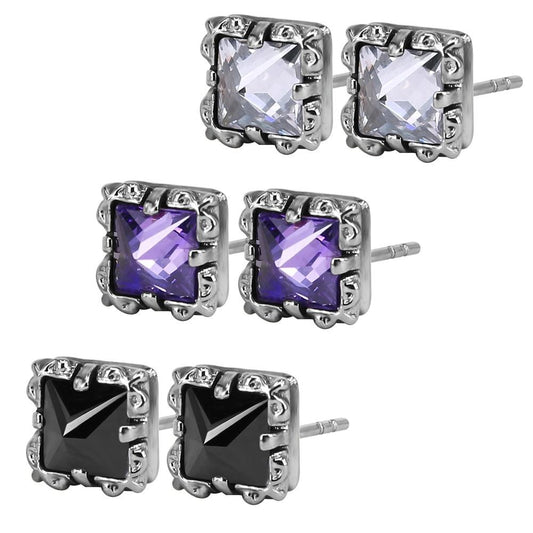 3 Pairs Square Cubic Zirconia Stainless Steel Fashion Stud Earrings Set-Earrings-Innovato Design-Innovato Design