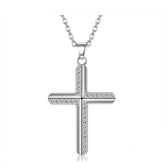 Simple Crucifix with Cubic Zirconia 925 Sterling Silver Fashion Pendant Necklace-Necklaces-Innovato Design-Innovato Design