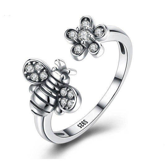 Bee and Flower Design Cubic Zirconia 925 Sterling Silver Adjustable Ring-Rings-Innovato Design-Innovato Design