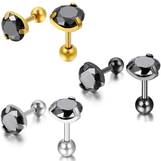 3 Pairs 7mm Round Black Cubic Zirconia Stainless Steel Vintage Stud Earrings-Earrings-Innovato Design-Innovato Design