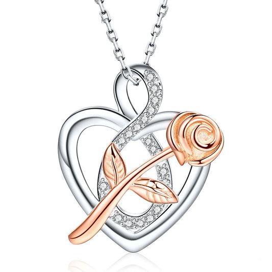 Infinity Cubic Zirconia, Heart, and Rose 925 Sterling Silver Fashion Pendant Necklace-Necklaces-Innovato Design-21.65in-Innovato Design