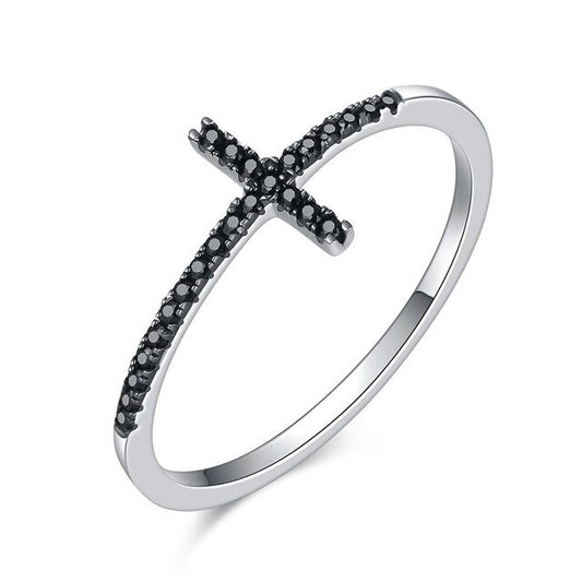Black Cubic Zirconia Cross 925 Sterling Silver Ring-Rings-Innovato Design-9-Innovato Design