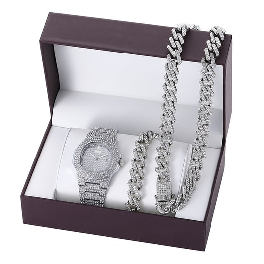 Diamond-Studded Necklace, Bracelet, and Quartz Watch Fashion Hip-hop Jewelry Set-Watches-Innovato Design-Silver 2-Innovato Design