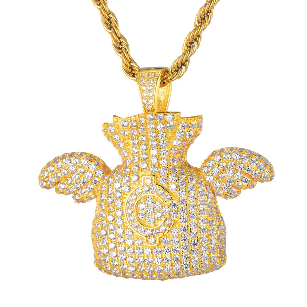 Cubic Zirconia Studded Dollar Cent Money Bag with Angel Wings