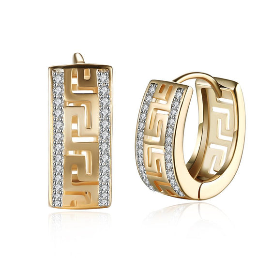Greek Key with Clear Cubic Zirconia Copper Casual Hoop Earrings-Earrings-Innovato Design-Gold-Innovato Design