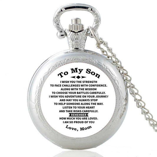 "To My Son Love Mom" Glass Cabochon Vintage Quartz Chain Link Pendant Pocket Watch-Pocket Watch-Innovato Design-Black-Innovato Design