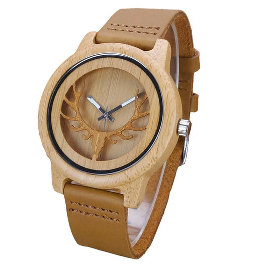 Wooden Bamboo Watch with Deer and Analog Dial Leather Band-Watches-Innovato Design-Black-Innovato Design