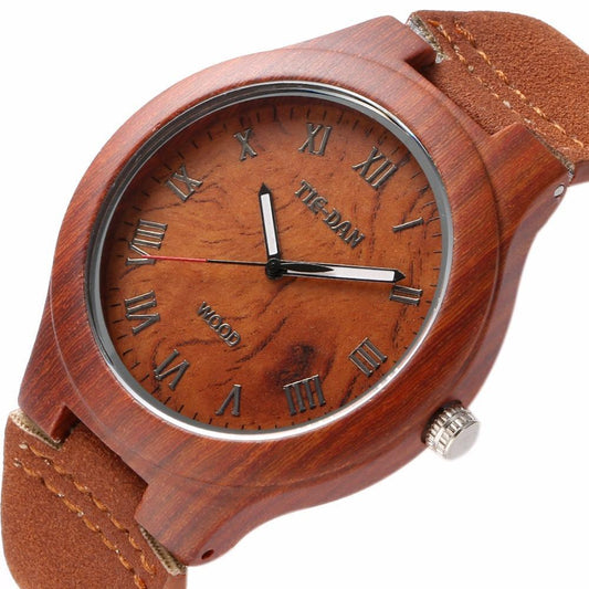 Classical Bamboo Wooden Watch for Ladies Genuine Leather Band-Watches-Innovato Design-Roman Numbers Red-Innovato Design