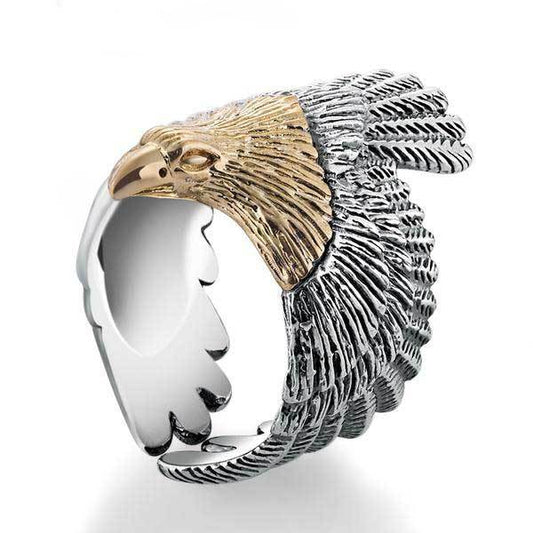 American Eagle Ring Gold Plated Head and 925 Sterling Silver Band for Men-Rings-Innovato Design-Adjustable-Innovato Design