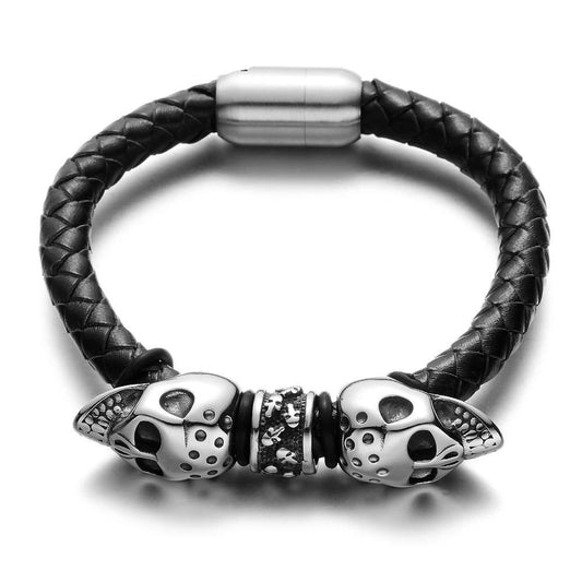 Black Braided Leather Stainless Steel Twin Devil's Skull Bracelet-Skull Bracelet-Innovato Design-18cm-Innovato Design