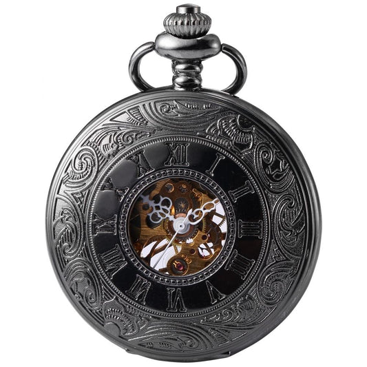 Roman Numeral Carvings on a Black Metal Pocket Watch-Pocket Watch-Innovato Design-Innovato Design