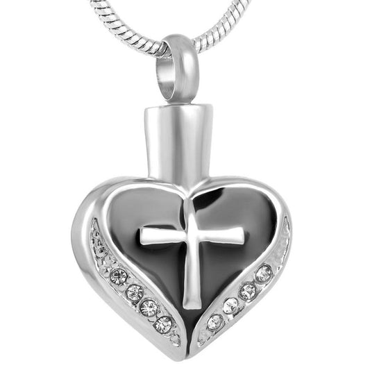 Urn Heart with Cubic Zirconia Crystals and Cross Design Pendant-Necklaces-Innovato Design-Rose Gold-Innovato Design