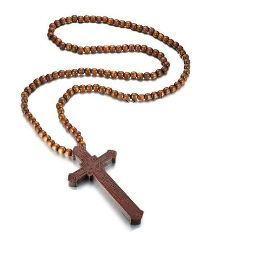 Large Catholic Wooden Cross Bead Rosary Pendant Necklace-Necklaces-Innovato Design-Brown-Innovato Design