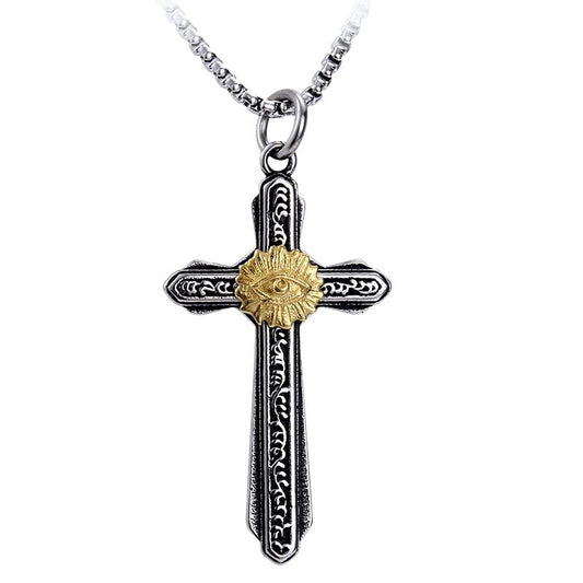 Gothic Two-tone Eye in Cross Pendant with Chain Necklace-Necklaces-Innovato Design-Innovato Design