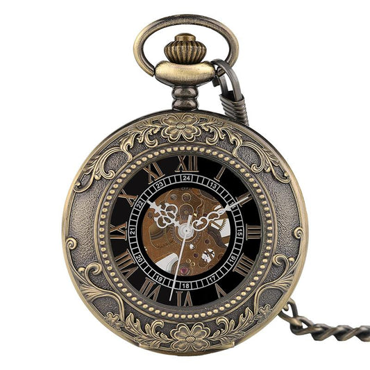Vintage Bronze Pocket Watch with Floral Carving and Black Resin Interior Face Dial-Pocket Watch-Innovato Design-Innovato Design