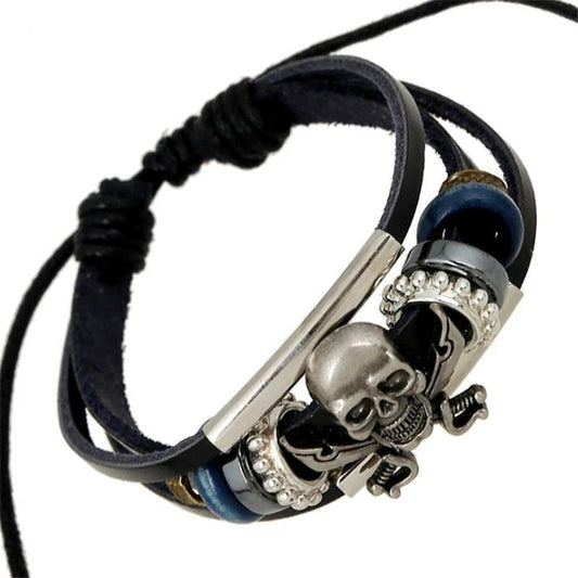 Black Genuine Leather Punk Skull Beaded Bracelet-Skull Bracelet-Innovato Design-Innovato Design