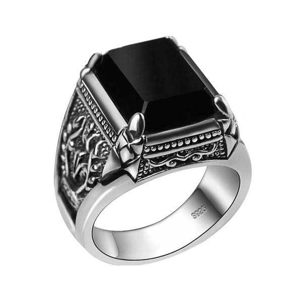 925 Sterling Silver Black Onyx Ring with Engraved Flower for Men