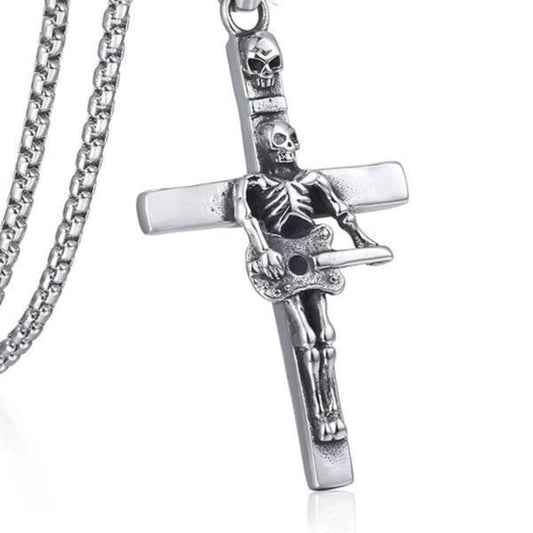 Stainless Steel Cross Pendant with Skeleton Playing Guitar Necklace-Necklaces-Innovato Design-18-Innovato Design