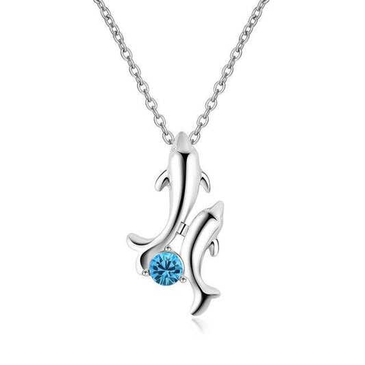 Gemstone and Dolphin and Baby Pendant with Silver Chain Necklace-Necklaces-Innovato Design-Light Blue-18"-Innovato Design