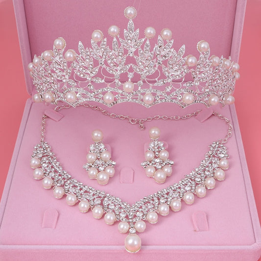 Crystal, Pearl and Rhinestone Tiara, Necklace & Earrings Wedding Jewelry Set-Jewelry Sets-Innovato Design-Innovato Design