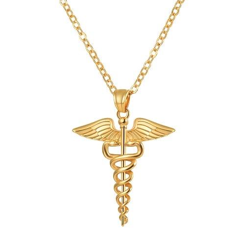 Snakes Around a Staff - Medical Caduceus Symbol Pendant Necklace in Gold Black and Silver-Necklaces-Innovato Design-Gold-Innovato Design