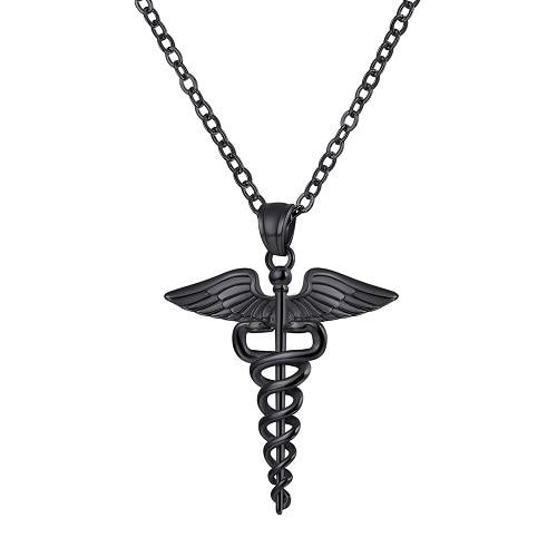 Snakes Around a Staff - Medical Caduceus Symbol Pendant Necklace in Gold Black and Silver-Necklaces-Innovato Design-Black Plated-Innovato Design