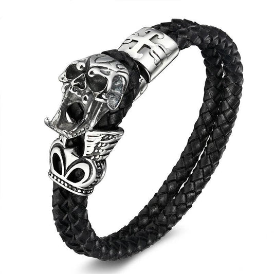 Black Two Strand Braided Leather Skull with Cross and Crown Bracelet-Skull Bracelet-Innovato Design-7.3-Innovato Design