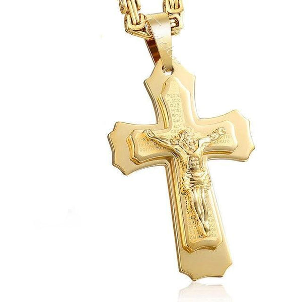 Multilayer Jesus Crucifix Pendant with Byzantine Chain Link Necklace-Necklaces-Innovato Design-Gold-18-Innovato Design