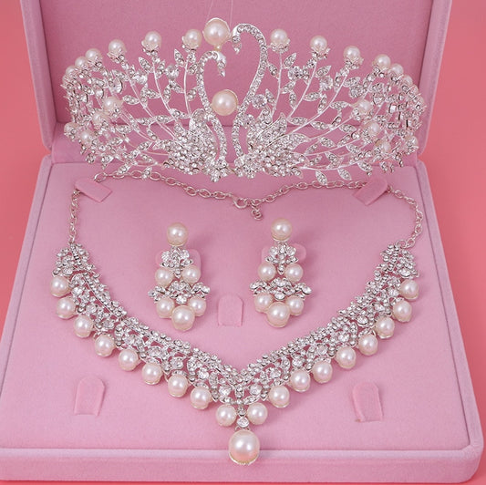 Pearl, Rhinestone and Crystal Tiara, Necklace & Earrings Wedding Jewelry Set-Jewelry Sets-Innovato Design-Innovato Design