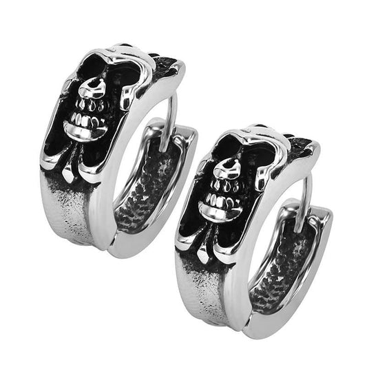 Men's Stainless Steel Black Skull Small Hoop Earrings-Earrings-Innovato Design-Innovato Design