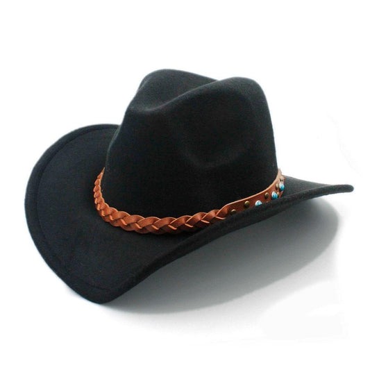 Cowboy Hat Fedora with Turquoise Beads and Faux Leather Braid Band-Hats-Innovato Design-Black-Innovato Design